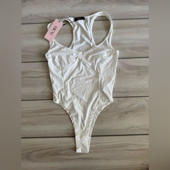 MICAS Basic Solid Deep-V Neck Bustier Bodysuit White Small NWT IN PKG - Picture 5 of 9